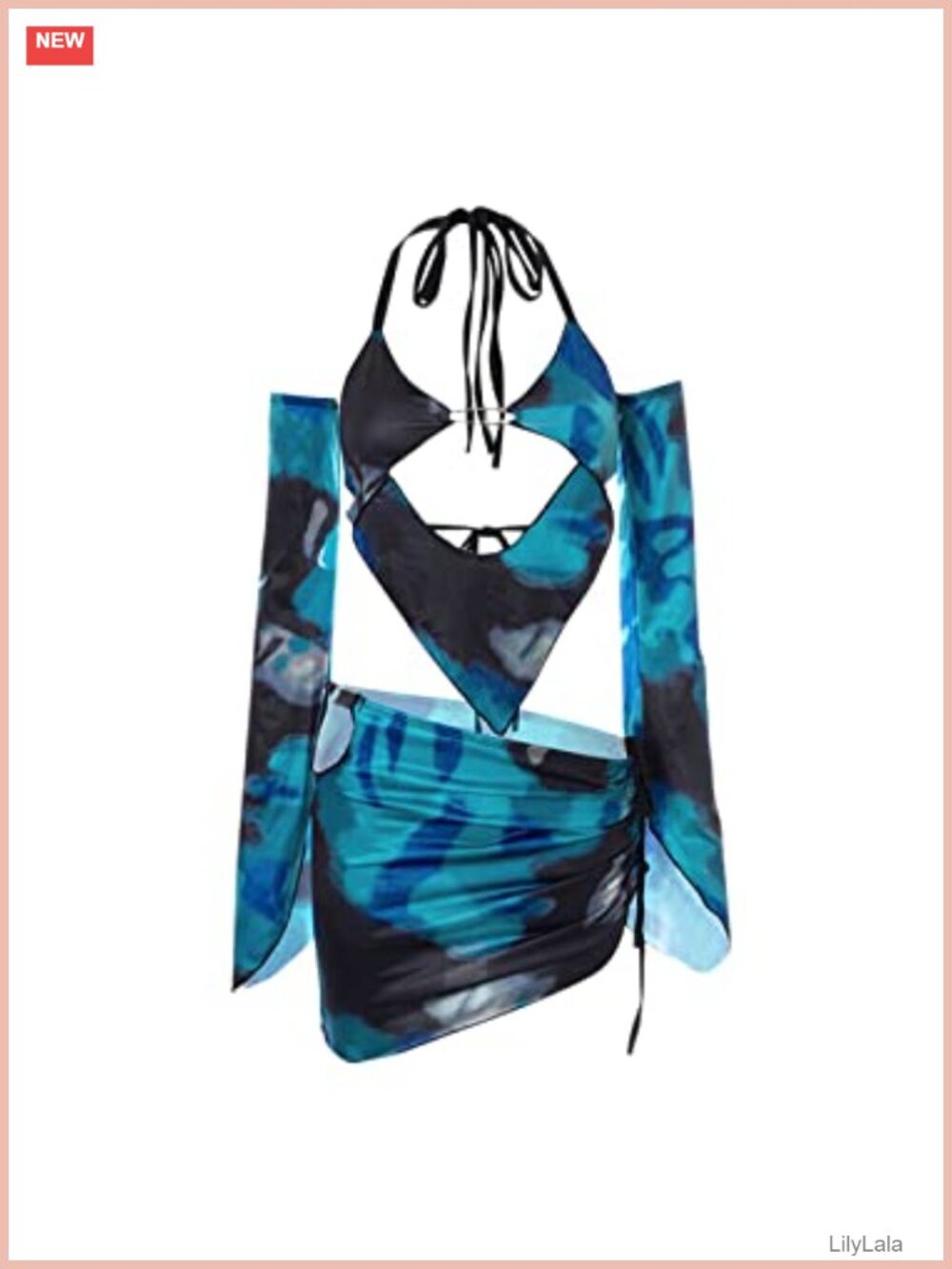 Marble Print Halter Backless Mini Dress Split Long Sleeve Y2K Club Party